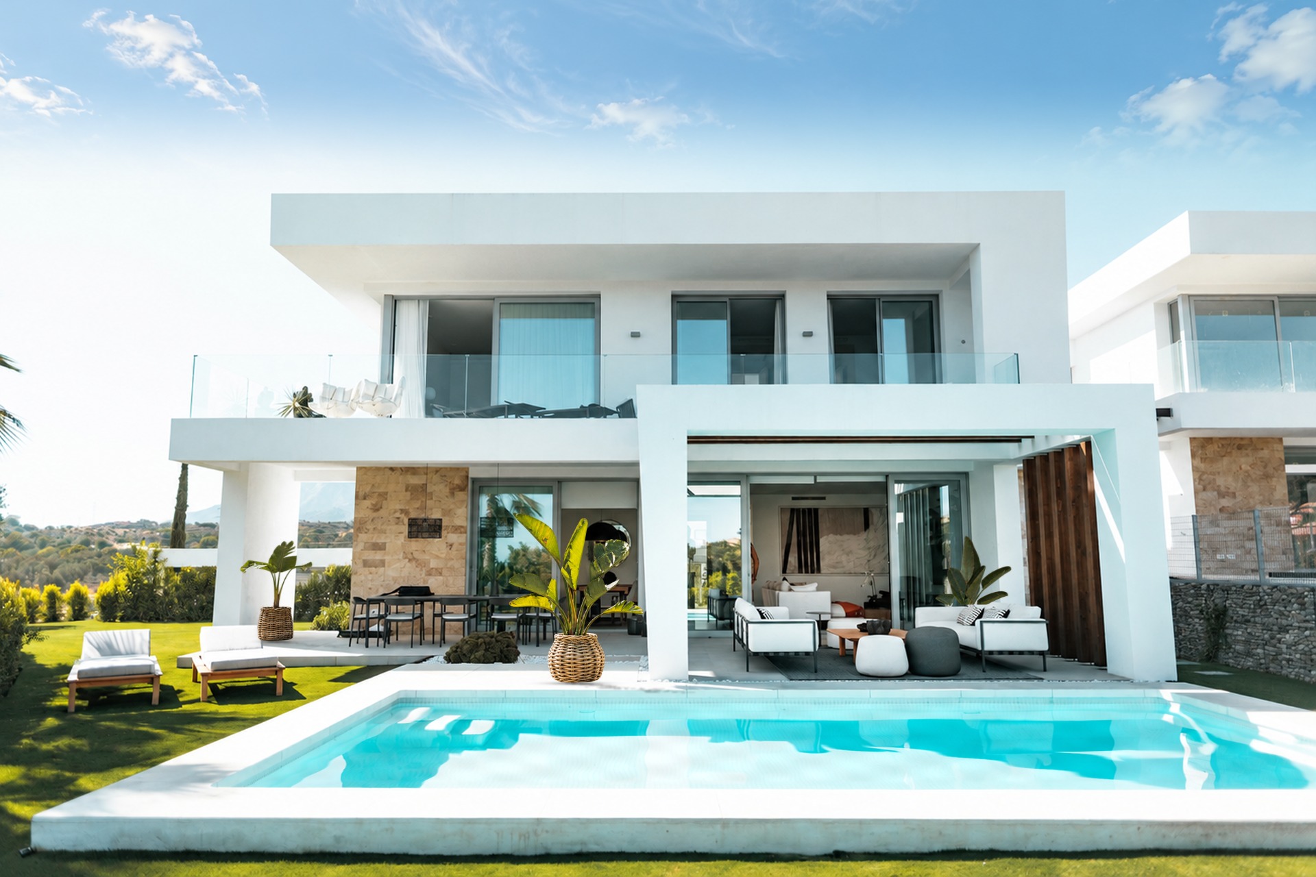 Residência contemporânea com piscina, vegetação e céu com nuvens. Cena ilustrativa.